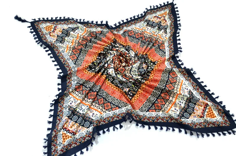 Big Square Handkerchief Boho Cotton Tassel Large Beach Russian Women's Scarf Winter Bohemian Floral Neck Wrap 115cm Foulard