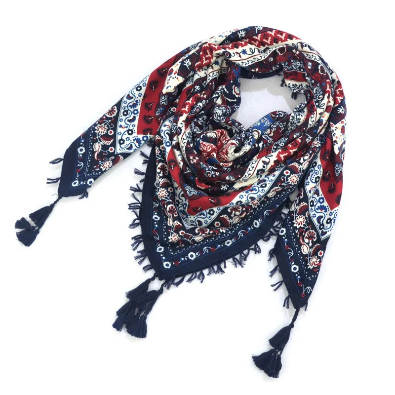 Big Square Handkerchief Boho Cotton Tassel Large Beach Russian Women's Scarf Winter Bohemian Floral Neck Wrap 115cm Foulard