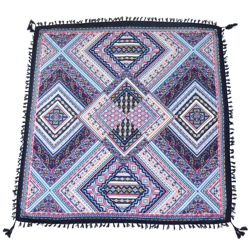 Big Square Handkerchief Boho Cotton Tassel Large Beach Russian Women's Scarf Winter Bohemian Floral Neck Wrap 115cm Foulard