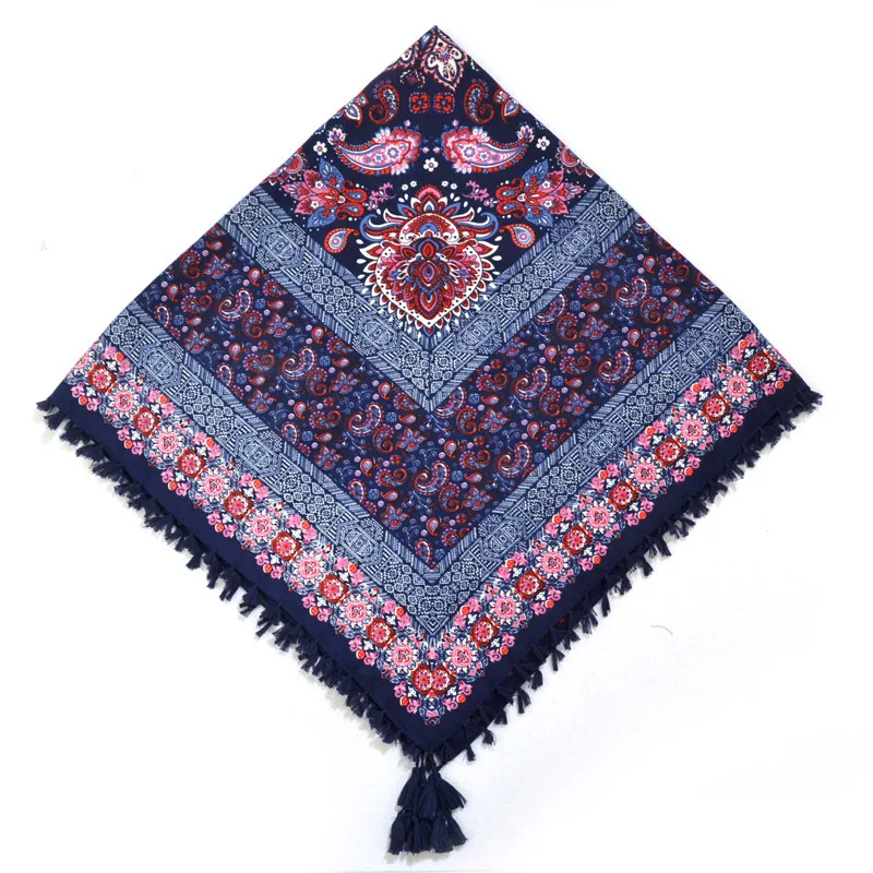 Big Square Handkerchief Boho Cotton Tassel Large Beach Russian Women's Scarf Winter Bohemian Floral Neck Wrap 115cm Foulard