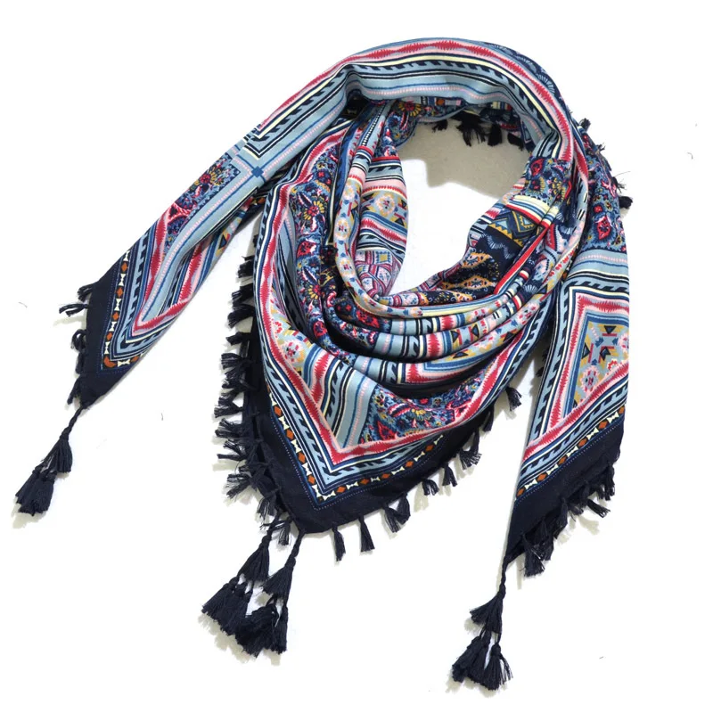 Big Square Handkerchief Boho Cotton Tassel Large Beach Russian Women's Scarf Winter Bohemian Floral Neck Wrap 115cm Foulard