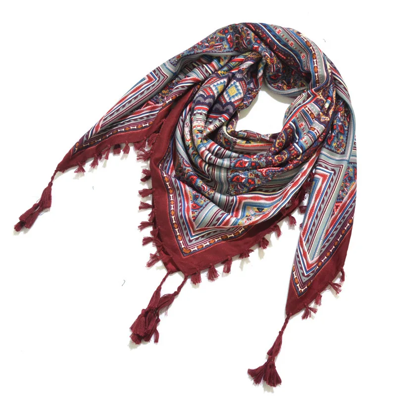 Big Square Handkerchief Boho Cotton Tassel Large Beach Russian Women's Scarf Winter Bohemian Floral Neck Wrap 115cm Foulard