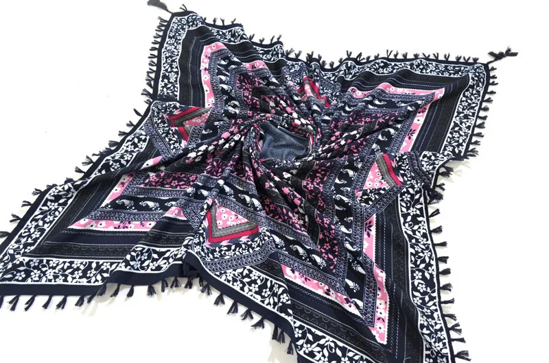 Big Square Handkerchief Boho Cotton Tassel Large Beach Russian Women's Scarf Winter Bohemian Floral Neck Wrap 115cm Foulard