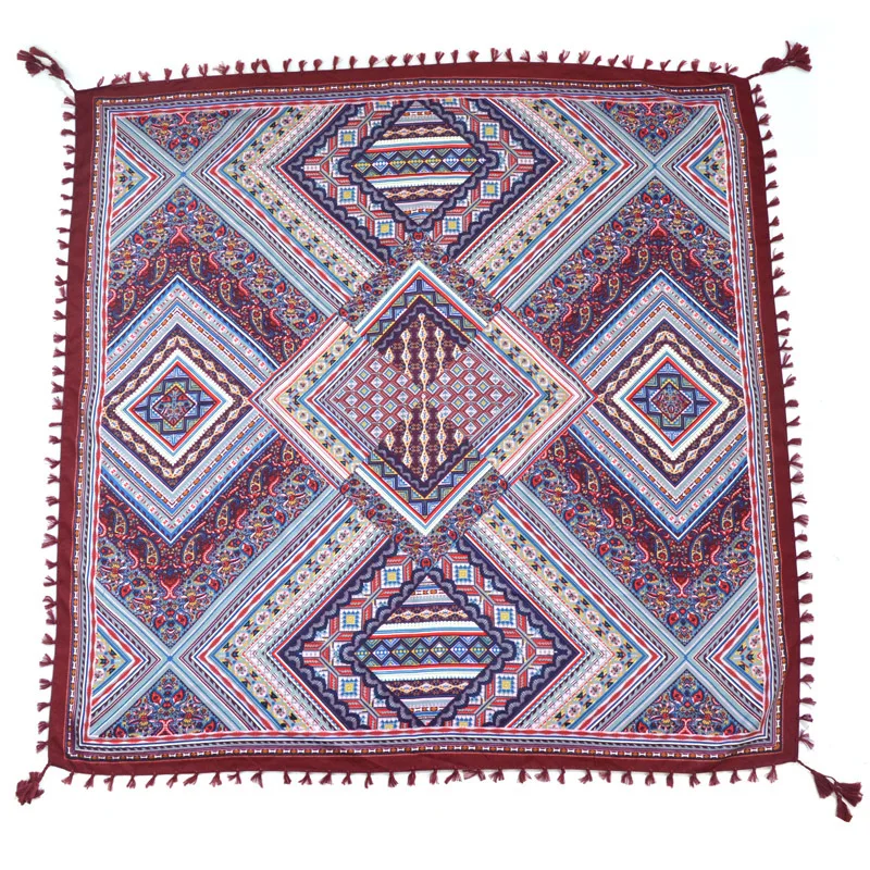 Big Square Handkerchief Boho Cotton Tassel Large Beach Russian Women's Scarf Winter Bohemian Floral Neck Wrap 115cm Foulard