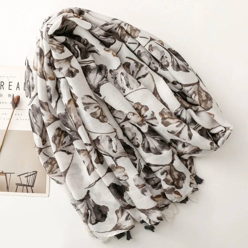 New Luxury Maple Leaf Print Women Long Viscose Scarf Bohemian Autumn and Winter Cotton Linen Shawl Lady Tassel Muslim Hijab Wrap