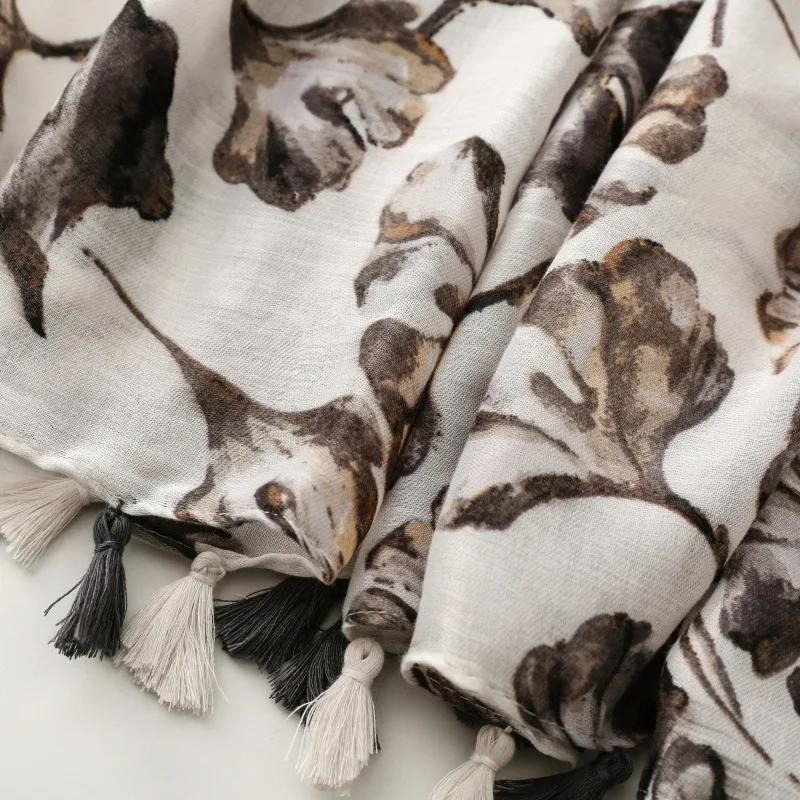 New Luxury Maple Leaf Print Women Long Viscose Scarf Bohemian Autumn and Winter Cotton Linen Shawl Lady Tassel Muslim Hijab Wrap