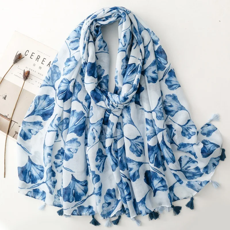 New Luxury Maple Leaf Print Women Long Viscose Scarf Bohemian Autumn and Winter Cotton Linen Shawl Lady Tassel Muslim Hijab Wrap