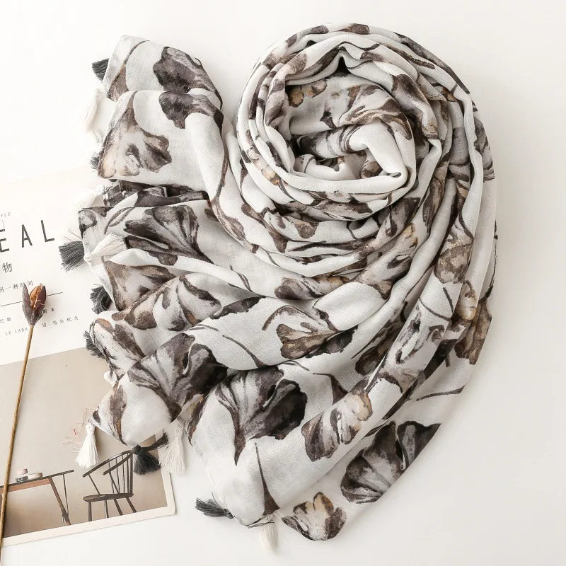 New Luxury Maple Leaf Print Women Long Viscose Scarf Bohemian Autumn and Winter Cotton Linen Shawl Lady Tassel Muslim Hijab Wrap