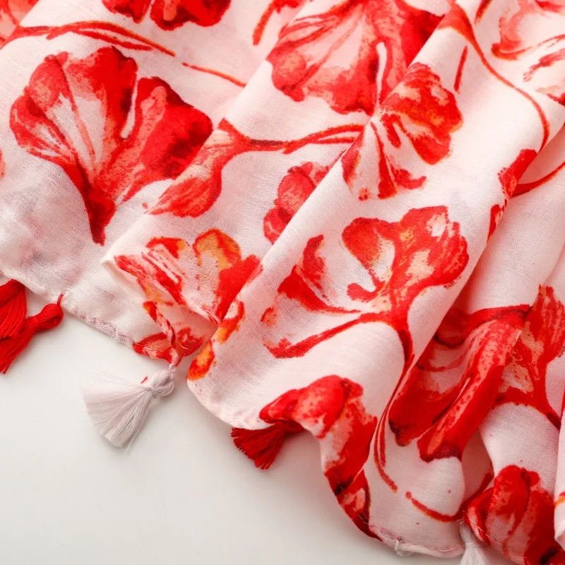 New Luxury Maple Leaf Print Women Long Viscose Scarf Bohemian Autumn and Winter Cotton Linen Shawl Lady Tassel Muslim Hijab Wrap