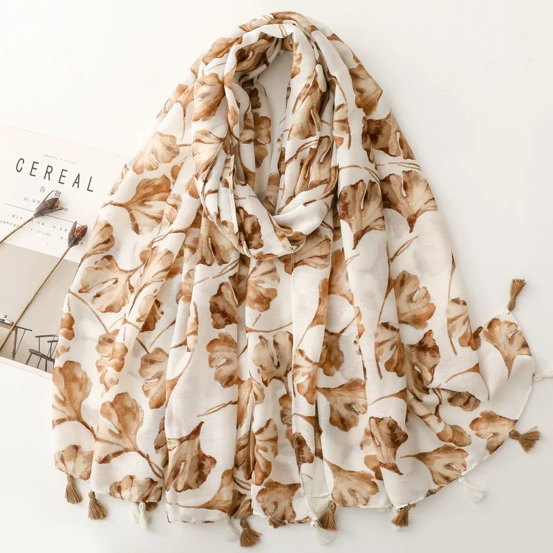 New Luxury Maple Leaf Print Women Long Viscose Scarf Bohemian Autumn and Winter Cotton Linen Shawl Lady Tassel Muslim Hijab Wrap
