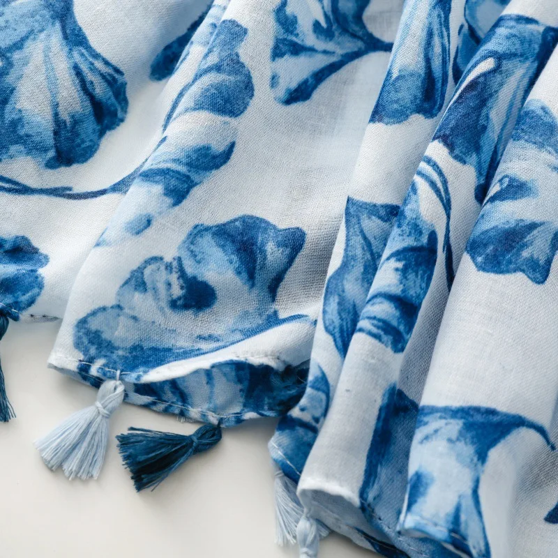 New Luxury Maple Leaf Print Women Long Viscose Scarf Bohemian Autumn and Winter Cotton Linen Shawl Lady Tassel Muslim Hijab Wrap