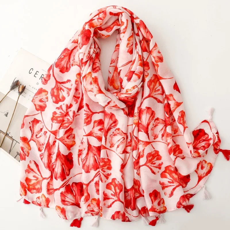 New Luxury Maple Leaf Print Women Long Viscose Scarf Bohemian Autumn and Winter Cotton Linen Shawl Lady Tassel Muslim Hijab Wrap