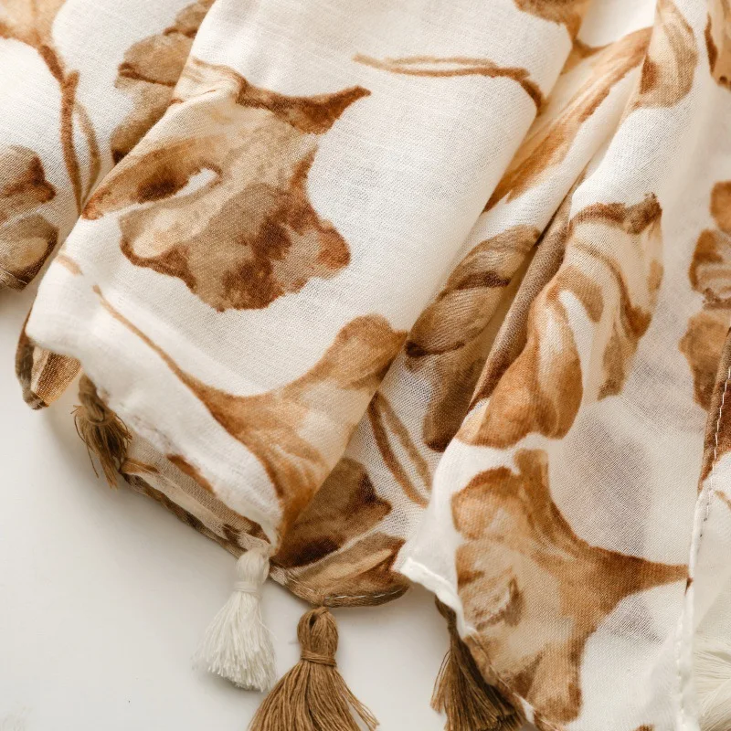 New Luxury Maple Leaf Print Women Long Viscose Scarf Bohemian Autumn and Winter Cotton Linen Shawl Lady Tassel Muslim Hijab Wrap