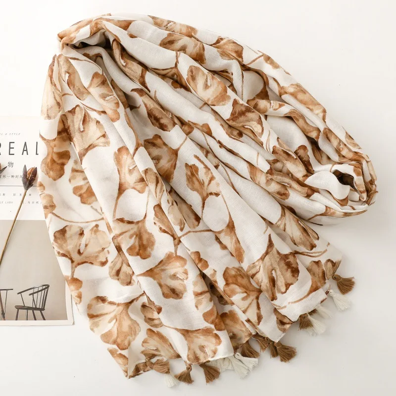 New Luxury Maple Leaf Print Women Long Viscose Scarf Bohemian Autumn and Winter Cotton Linen Shawl Lady Tassel Muslim Hijab Wrap