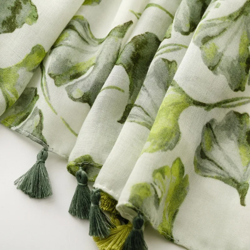 New Luxury Maple Leaf Print Women Long Viscose Scarf Bohemian Autumn and Winter Cotton Linen Shawl Lady Tassel Muslim Hijab Wrap