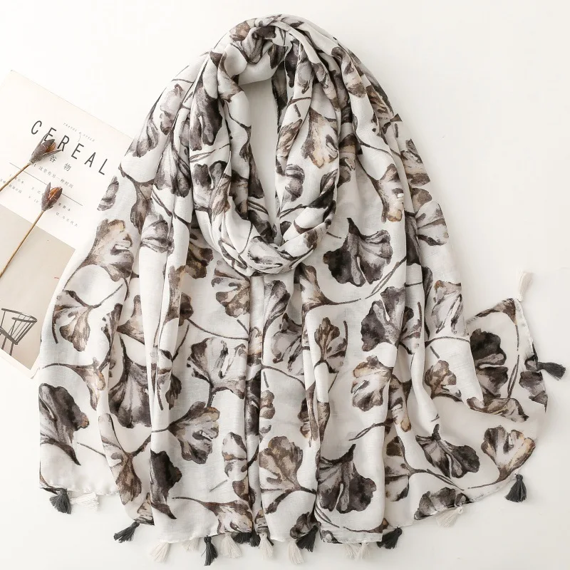 New Luxury Maple Leaf Print Women Long Viscose Scarf Bohemian Autumn and Winter Cotton Linen Shawl Lady Tassel Muslim Hijab Wrap