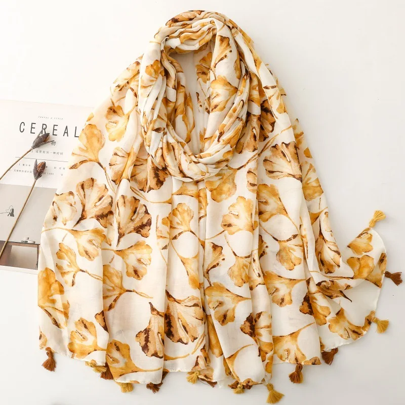 New Luxury Maple Leaf Print Women Long Viscose Scarf Bohemian Autumn and Winter Cotton Linen Shawl Lady Tassel Muslim Hijab Wrap