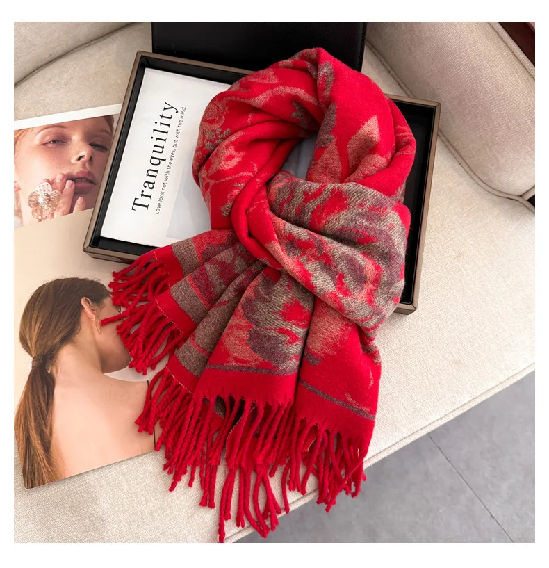 USPOP Elegant Double-Sided Bohemian Shawl Scarf for Women Thick Warm Winter Wrap Soft Cashmere-Like Neck Scarf