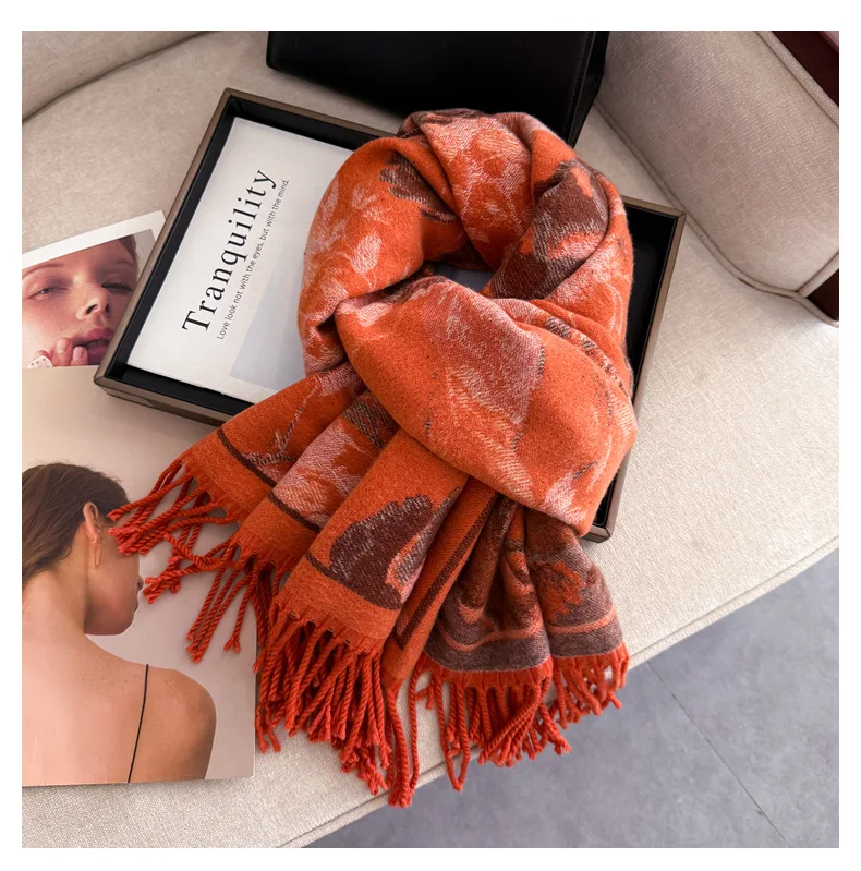 USPOP Elegant Double-Sided Bohemian Shawl Scarf for Women Thick Warm Winter Wrap Soft Cashmere-Like Neck Scarf