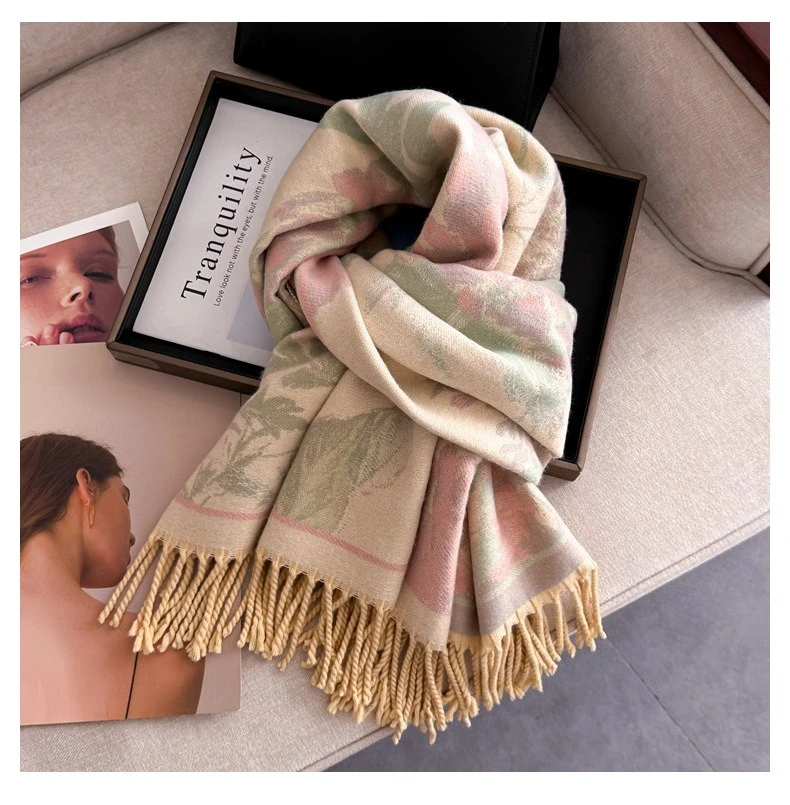USPOP Elegant Double-Sided Bohemian Shawl Scarf for Women Thick Warm Winter Wrap Soft Cashmere-Like Neck Scarf