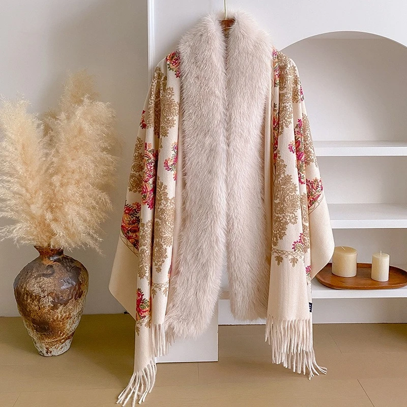 Palace Pattern Embroidered Pattern Plush Collar Scarf Women's Autumn and Winter Boho Style Scarf Warm Embroidered Shawl Cloak