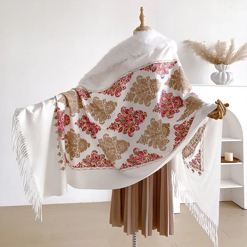 Palace Pattern Embroidered Pattern Plush Collar Scarf Women's Autumn and Winter Boho Style Scarf Warm Embroidered Shawl Cloak