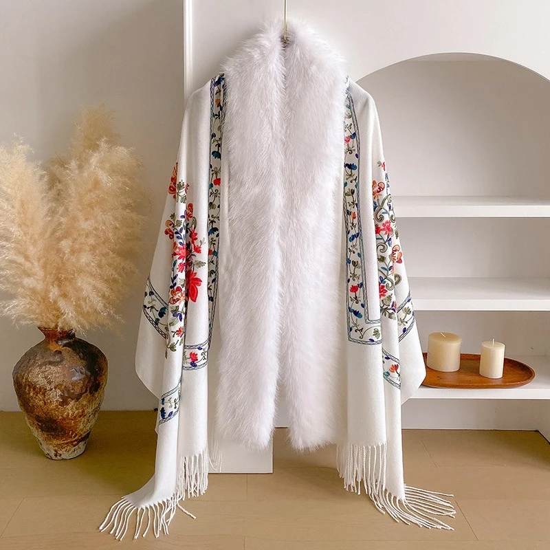 Palace Pattern Embroidered Pattern Plush Collar Scarf Women's Autumn and Winter Boho Style Scarf Warm Embroidered Shawl Cloak