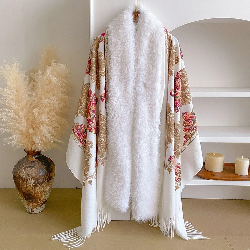 Palace Pattern Embroidered Pattern Plush Collar Scarf Women's Autumn and Winter Boho Style Scarf Warm Embroidered Shawl Cloak