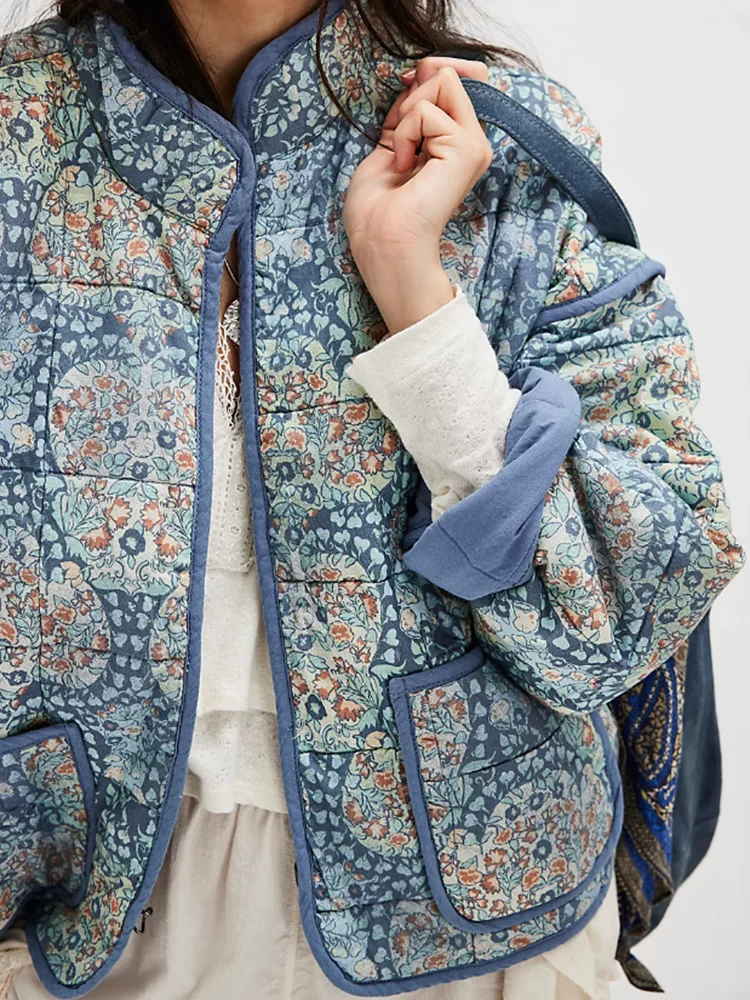 Gypsylady Boho Floral Chic Padded Jacket Coats Loose O-neck Pocket Autumn Spring Long Sleeve Blue Women Ladies Streetwear New