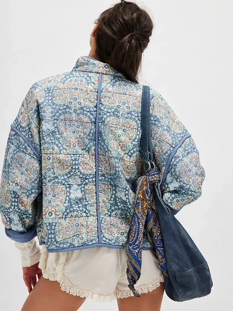 Gypsylady Boho Floral Chic Padded Jacket Coats Loose O-neck Pocket Autumn Spring Long Sleeve Blue Women Ladies Streetwear New