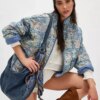 Gypsylady Boho Floral Chic Padded Jacket Coats Loose O-neck Pocket Autumn Spring Long Sleeve Blue Women Ladies Streetwear New