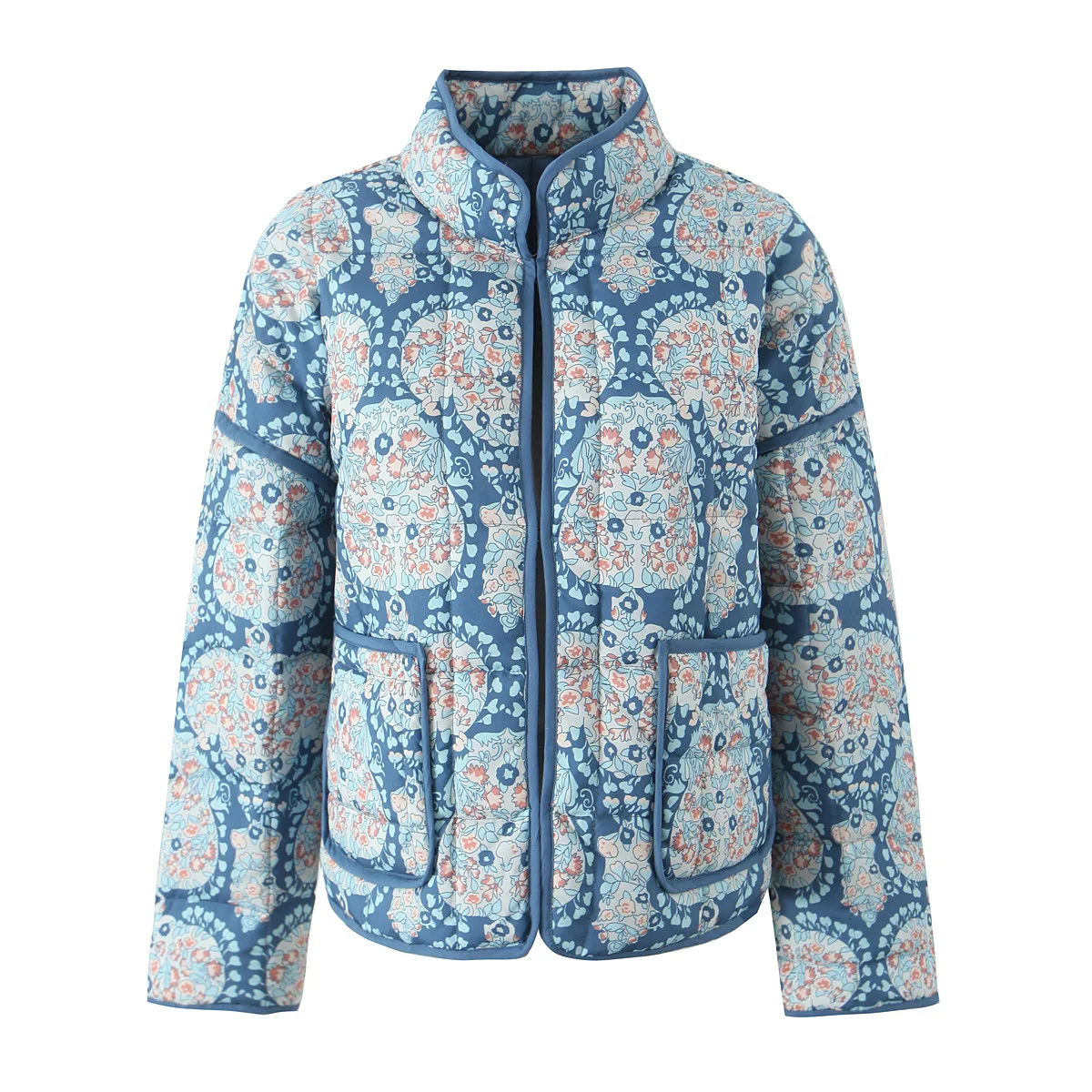 Gypsylady Boho Floral Chic Padded Jacket Coats Loose O-neck Pocket Autumn Spring Long Sleeve Blue Women Ladies Streetwear New