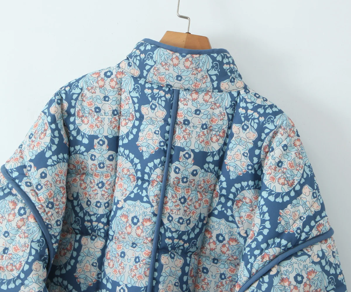 Gypsylady Boho Floral Chic Padded Jacket Coats Loose O-neck Pocket Autumn Spring Long Sleeve Blue Women Ladies Streetwear New