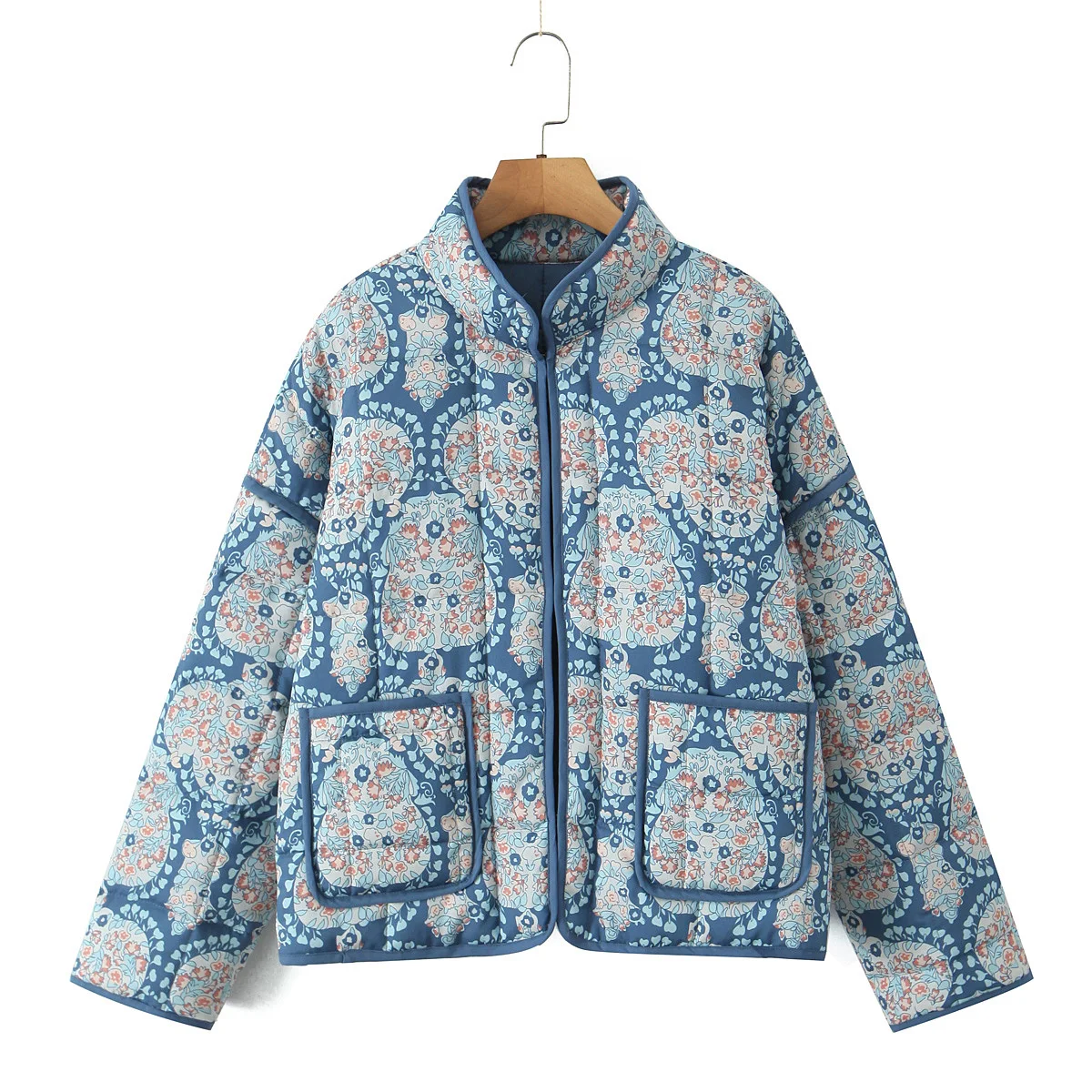 Gypsylady Boho Floral Chic Padded Jacket Coats Loose O-neck Pocket Autumn Spring Long Sleeve Blue Women Ladies Streetwear New
