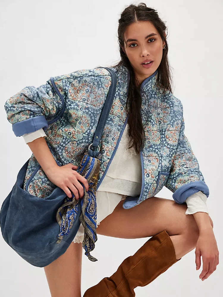 Gypsylady Boho Floral Chic Padded Jacket Coats Loose O-neck Pocket Autumn Spring Long Sleeve Blue Women Ladies Streetwear New