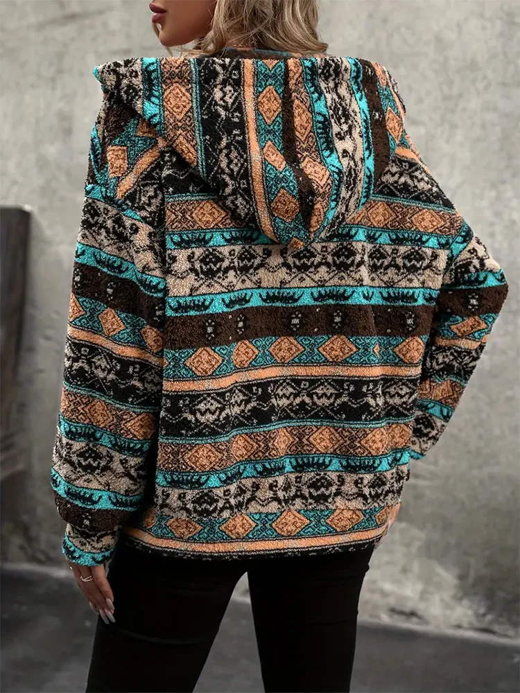 Women's Boho Ethnic Sherpa Hooded Jacket Retro Aztec Print Soft Fleece Lined Zip Up Fall Winter Streetwear Warm Outerwear