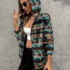 Women's Boho Ethnic Sherpa Hooded Jacket Retro Aztec Print Soft Fleece Lined Zip Up Fall Winter Streetwear Warm Outerwear