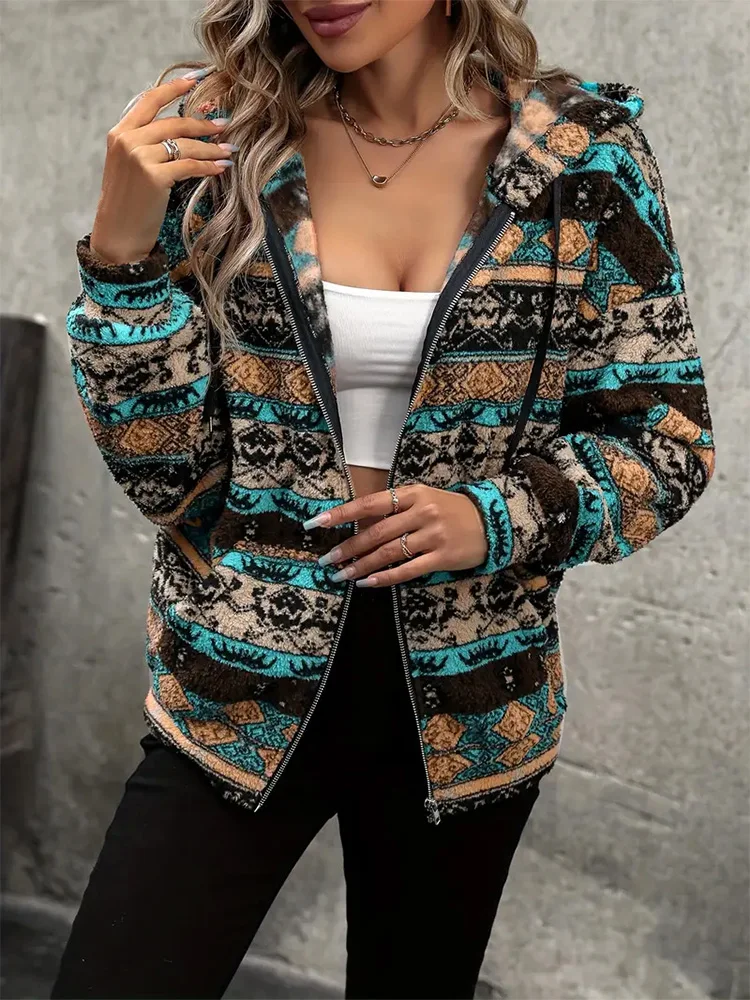 Women's Boho Ethnic Sherpa Hooded Jacket Retro Aztec Print Soft Fleece Lined Zip Up Fall Winter Streetwear Warm Outerwear