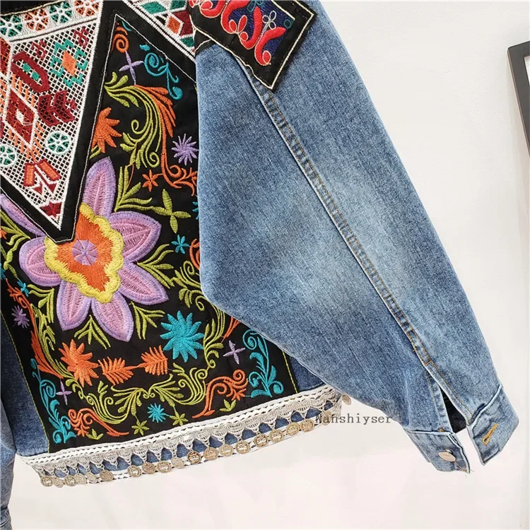 Spring New Women Denim jacket Boho Heavy work embroidery Beaded Sequins Vintage Long sleeve Casual Jean jacket Female Outerwear