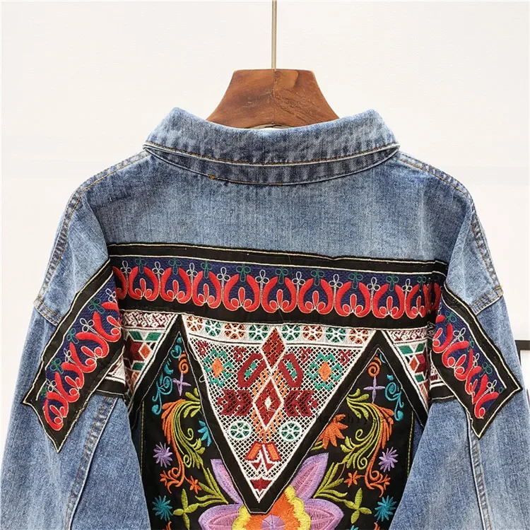 Spring New Women Denim jacket Boho Heavy work embroidery Beaded Sequins Vintage Long sleeve Casual Jean jacket Female Outerwear