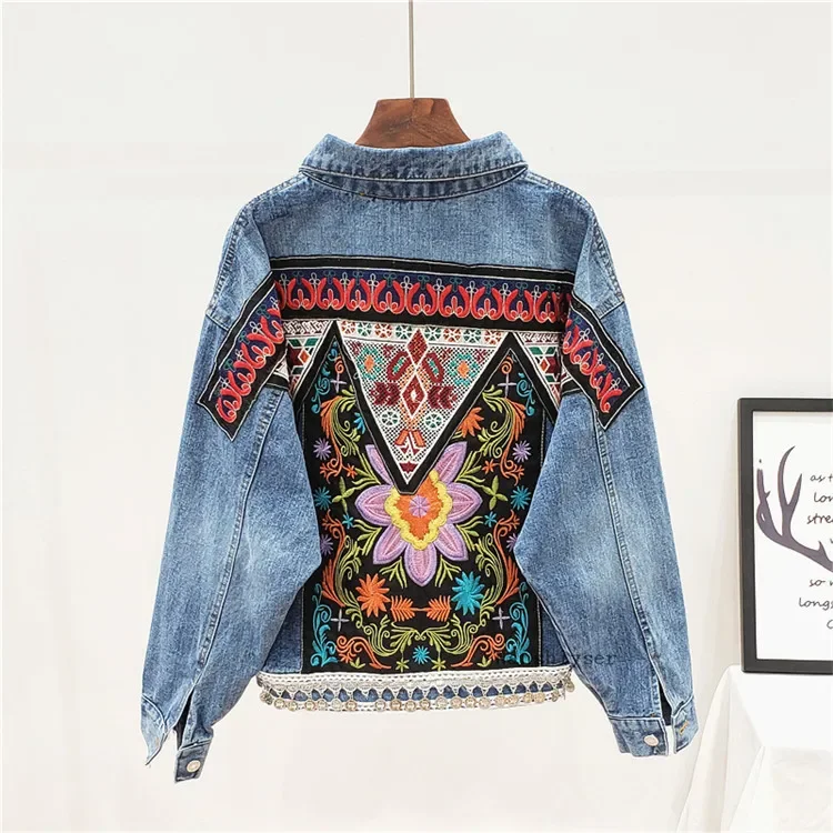 Spring New Women Denim jacket Boho Heavy work embroidery Beaded Sequins Vintage Long sleeve Casual Jean jacket Female Outerwear