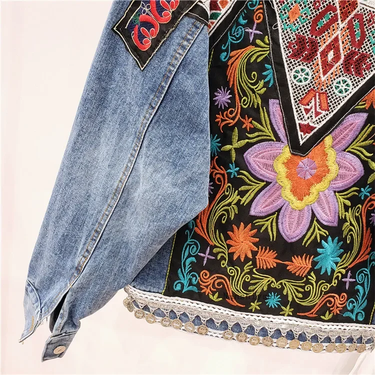 Spring New Women Denim jacket Boho Heavy work embroidery Beaded Sequins Vintage Long sleeve Casual Jean jacket Female Outerwear