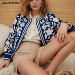 2026 Autumn Ethnic Blue & White Floral Print Coat