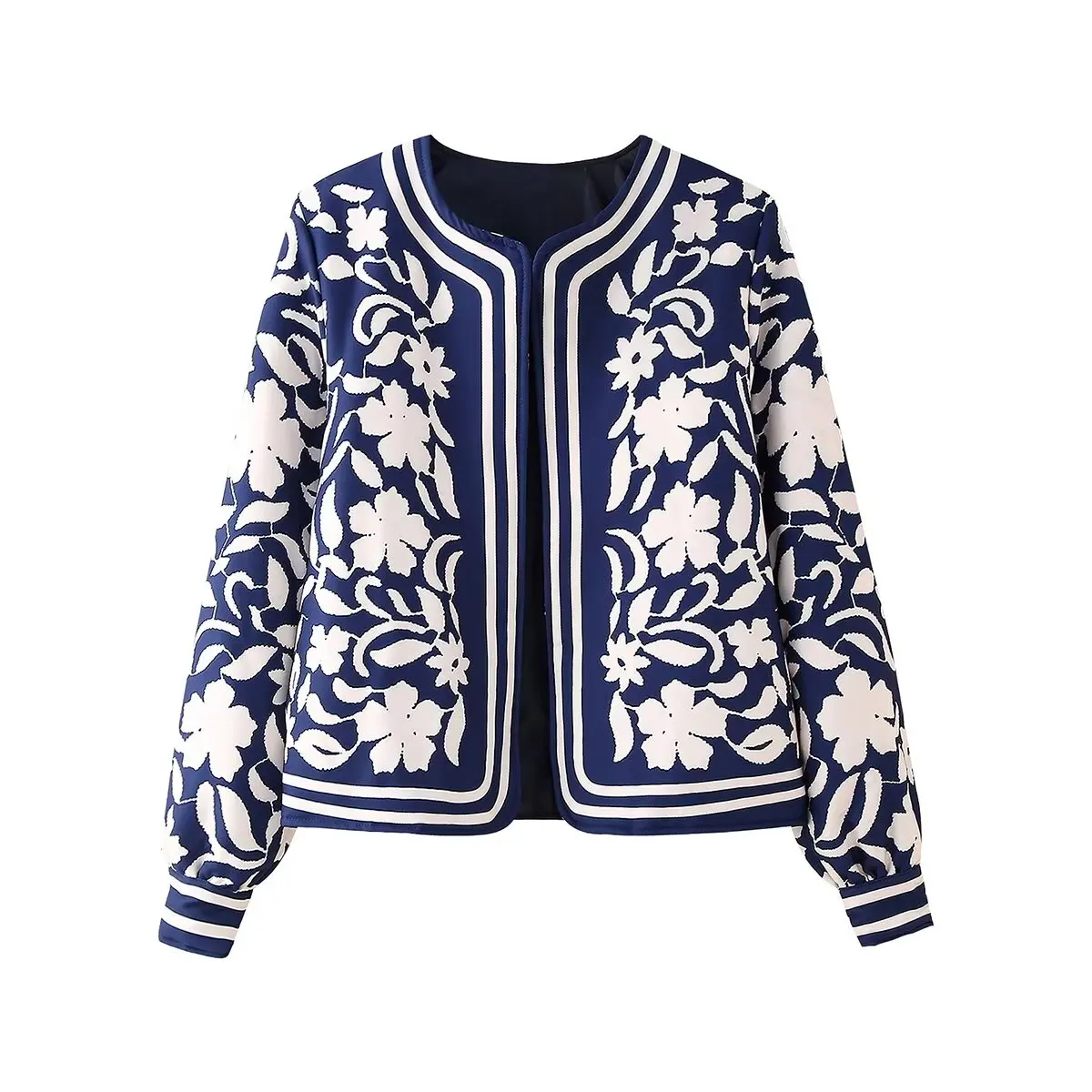 2024 Autumn Ethnic Blue White Floral Print Round Collar Coat BOHO Women Front Open Stitching Full Sleeve Loose Jacket Outerwear