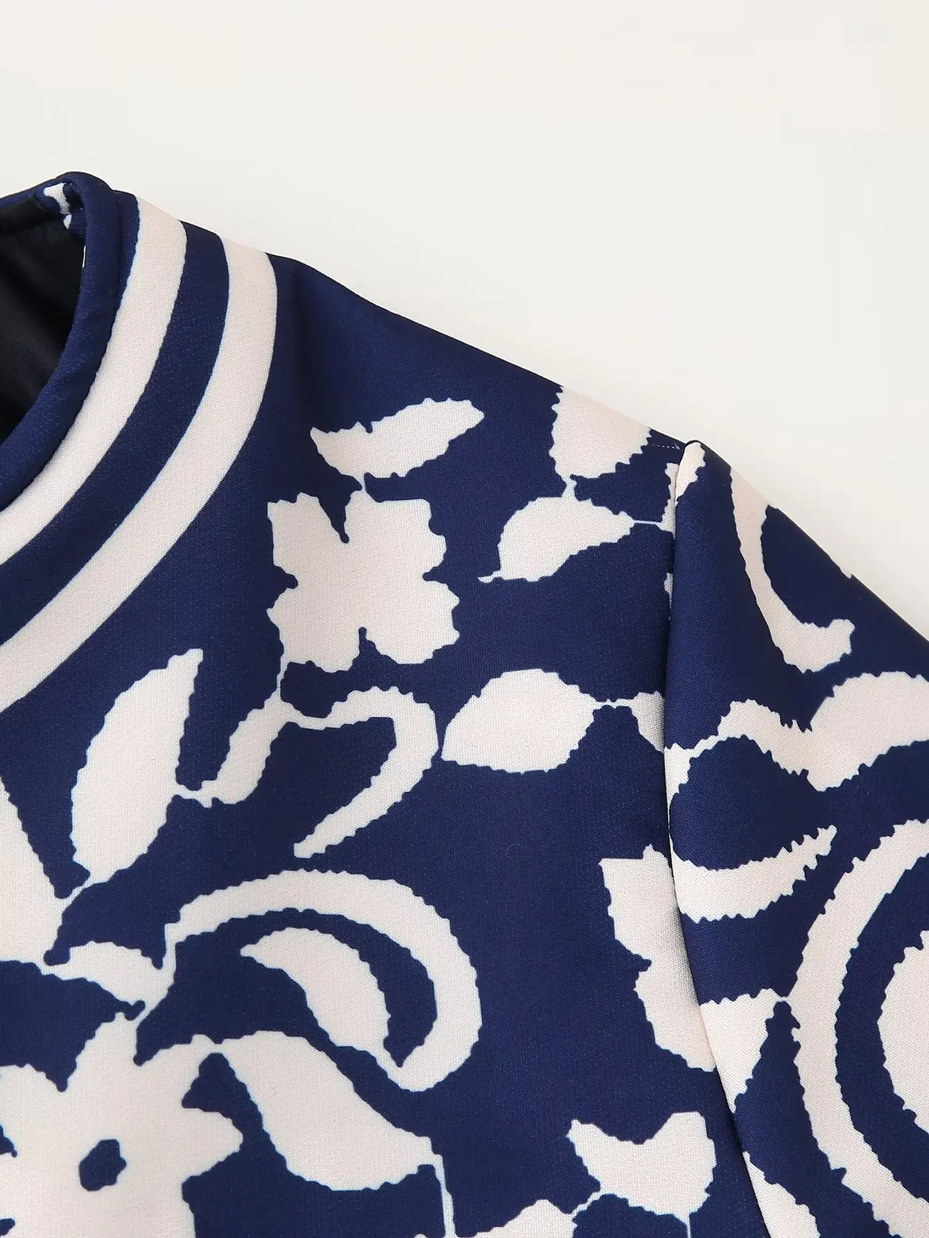 2024 Autumn Ethnic Blue White Floral Print Round Collar Coat BOHO Women Front Open Stitching Full Sleeve Loose Jacket Outerwear