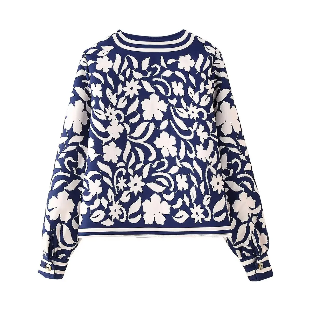 2024 Autumn Ethnic Blue White Floral Print Round Collar Coat BOHO Women Front Open Stitching Full Sleeve Loose Jacket Outerwear