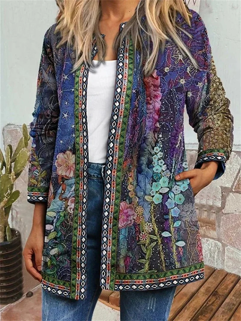 Vintage Ethnic Style Print Side Pockets Jacket Women Autumn O Neck Long Sleeve Outerwear Female Comfortable Casual Cardigan Coat