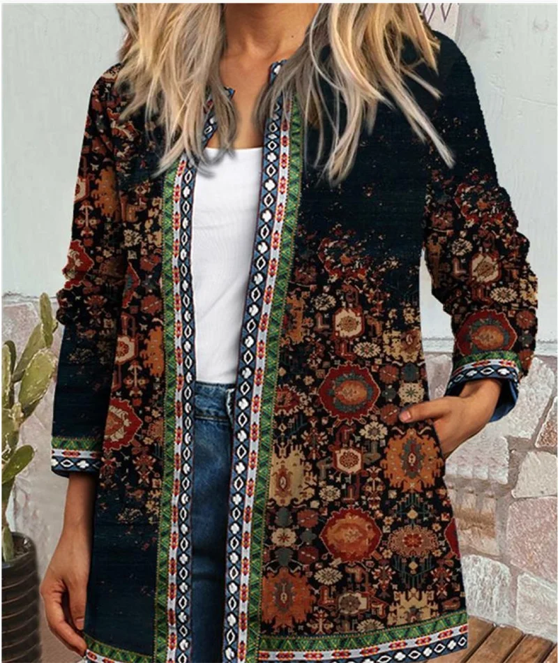 Vintage Ethnic Style Print Side Pockets Jacket Women Autumn O Neck Long Sleeve Outerwear Female Comfortable Casual Cardigan Coat