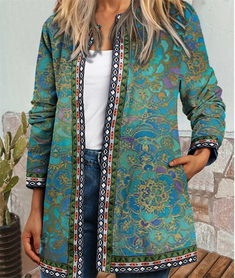 Vintage Ethnic Style Print Side Pockets Jacket Women Autumn O Neck Long Sleeve Outerwear Female Comfortable Casual Cardigan Coat