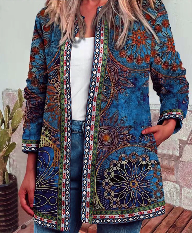 Vintage Ethnic Style Print Side Pockets Jacket Women Autumn O Neck Long Sleeve Outerwear Female Comfortable Casual Cardigan Coat